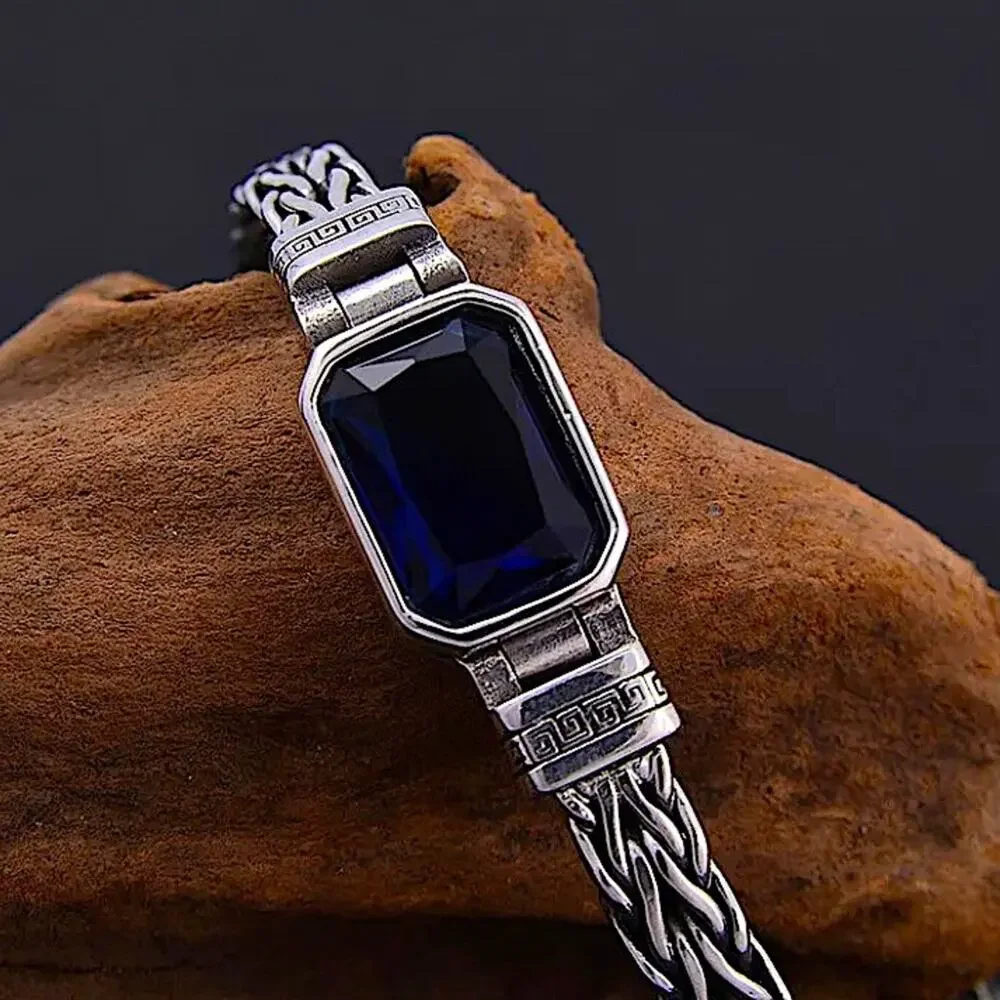 Sterling Silver Blue Zircon Braided Bracelet, Unisex, Handmade